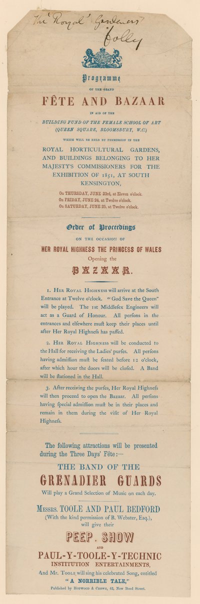Programme de la grande fête et bazar au profit de l