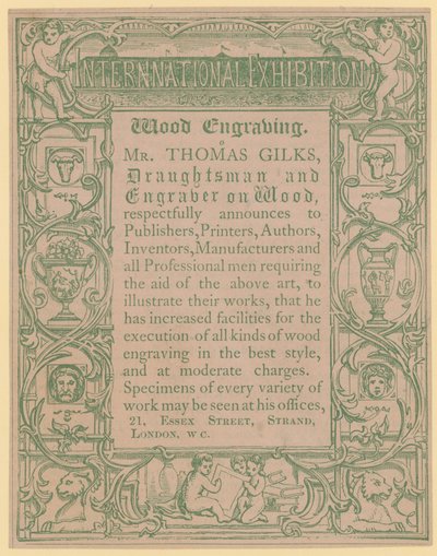 Carte promotionnelle pour Thomas Gilks, dessinateur et graveur sur bois - English School