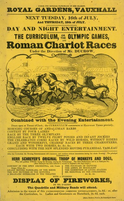 Prospectus pour Le Curriculum ; ou, Les Jeux Olympiques et la course de chars romains aux jardins royaux, Vauxhall, Londres - English School