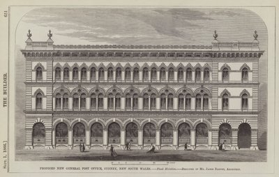 Nouveau Bureau de Poste Général proposé, Sydney, Nouvelle-Galles du Sud, Élévation latérale, conçu par M. James Barnet, Architecte (gravure) - English School