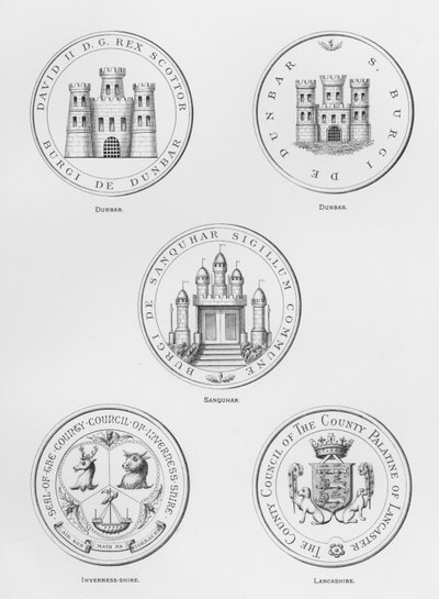 Armoiries publiques : Dunbar ; Sanquhar ; Inverness-shire ; Lancashire (gravure) - English School