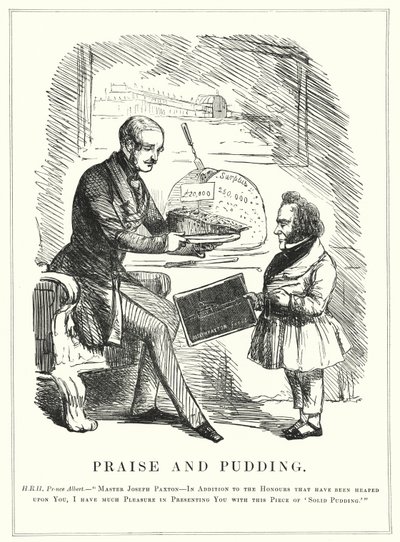 Éloge et Pudding : Le Prince Albert récompensant Joseph Paxton pour avoir conçu le Crystal Palace pour abriter la Grande Exposition de 1851 à Hyde Park, Londres - English School
