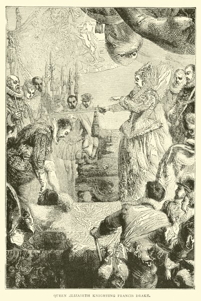 La reine Élisabeth adoubant Francis Drake - English School