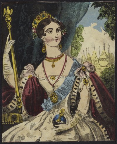 Reine Victoria tenant un orbe et un sceptre (gravure en couleur) - English School