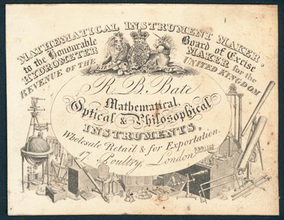 Carte de visite de R B Bate, instruments mathématiques, optiques et philosophiques - English School