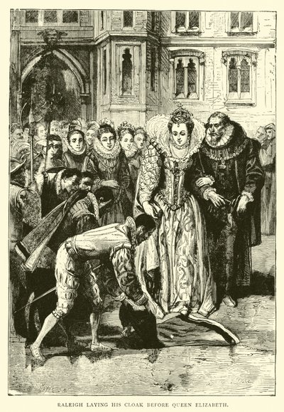 Raleigh étendant son manteau devant la reine Élisabeth - English School