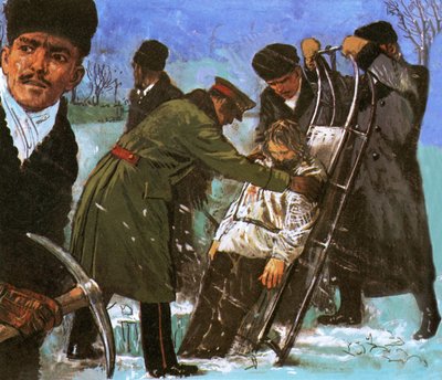 Le corps de Raspoutine descendu par un trou découpé dans la glace - English School