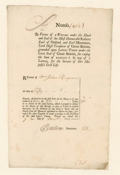 Reçu pour la loterie de la liste civile de 1713 - English School