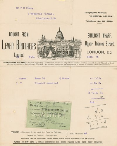 Reçu pour Lever Brothers Limited - English School