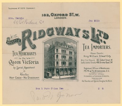 Reçu de Ridgways, importateurs de thé, 182 Oxford Street, Londres - English School