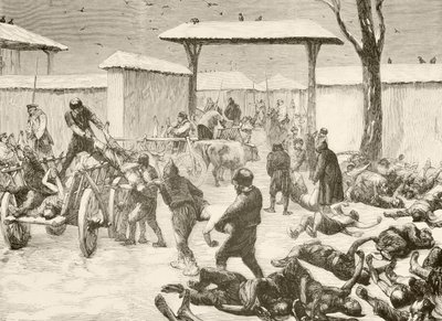 Récupération des morts après le siège de Plevna, Bulgarie en 1877 (lithographie) - English School