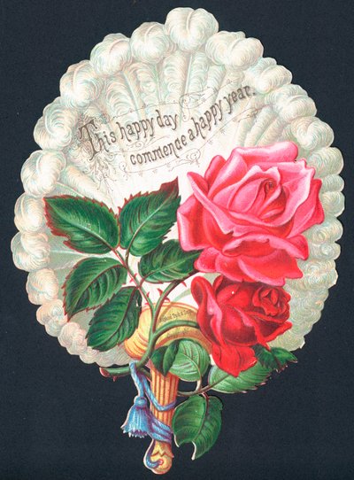 Roses rouges sur un éventail, Carte de Nouvel An - English School