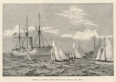 Régate à Zanzibar, course de pinasse à voile, contournant le HMS Brisk - English School