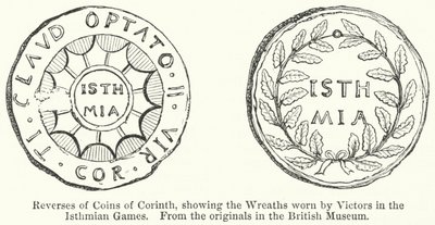 Revers des pièces de monnaie de Corinthe, montrant les couronnes portées par les vainqueurs des Jeux isthmiques - English School