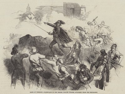 Émeutes à Dresde, barricade dans la Grosse Frauen Strasse attaquée depuis le Neumarkt (gravure) - English School