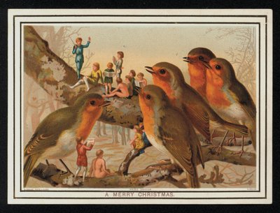 Rouges-gorges et un groupe de performeurs, carte de vœux de Noël - English School