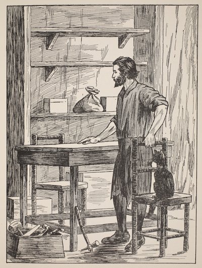 Robinson Crusoé construisant une table et des chaises pour sa grotte, illustration de L