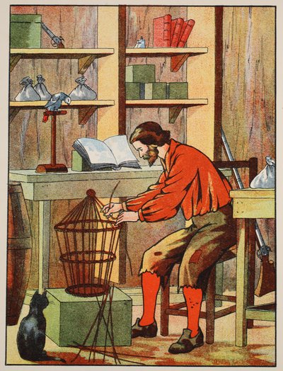 Robinson Crusoé fabriquant une cage pour son perroquet, illustration de L