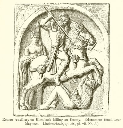 Auxiliaire romain à cheval tuant un ennemi (Monument trouvé près de Mayence, Lindenschmit, op. cit., vii. No. 3) - English School