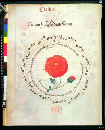 Canon, avec portées circulaires et rose au centre, des Motets de Richard Sampson - English School