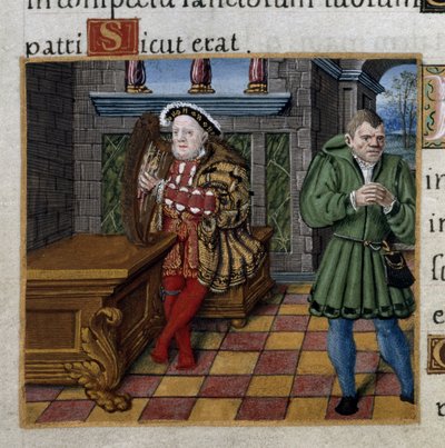 Henri VIII avec une harpe et son bouffon, William Somers, Psaume 52, du 