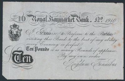 Banque Royal Haymarket, billet de banque théâtral humoristique - English School