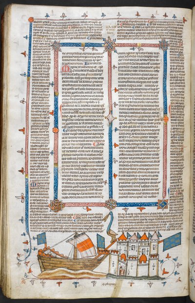 Attaque navale et décoration marginale, illustration des 