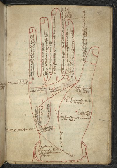 Royal MS 12 C XII f.107r Lecture des mains, dans un miscellanée médiéval - English School