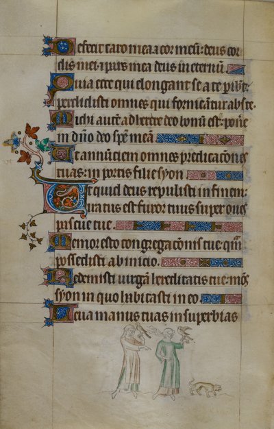 Scène en bas de page de deux femmes portant des faucons, et un petit chien devant elles, avec une initiale habitée, illustration du 