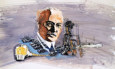 Rudolf Diesel sur fond de trains, bateaux et docks - English School