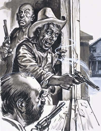Cowboys voyous tirant depuis la fenêtre - English School