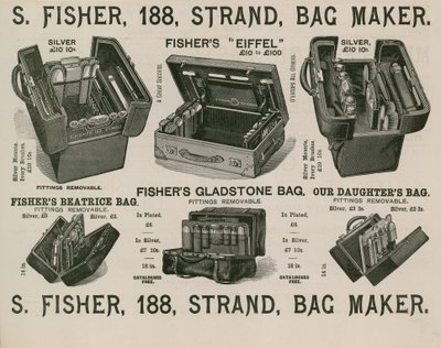 S Fisher, 188 Strand, fabricant de sacs - English School