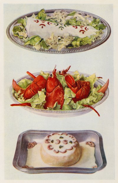 Mayonnaise de saumon ; Salade de homard ; Soufflé de poisson (lithographie en couleur) - English School