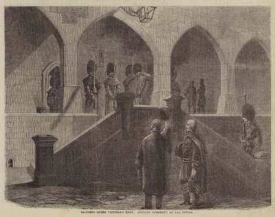 Salutation des clés de la reine Victoria, ancienne cérémonie à la Tour (gravure) - English School