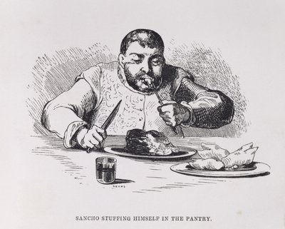 Sancho se goinfrant dans le garde-manger, Acte III, scène XI de Don Quichotte en Angleterre. Une comédie, gravé par Sears, pub. 1733 - English School