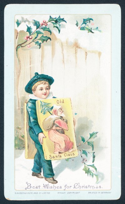 Garçon sandwich faisant la publicité du vieux Père Noël, carte de Noël - English School