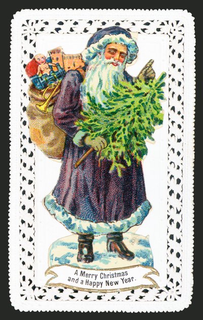 Père Noël avec sac de jouets et arbre, carte de Noël - English School