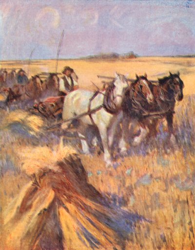 Saskatchewan, le Scot moderne sur sa lieuse (lithographie en couleur) - English School