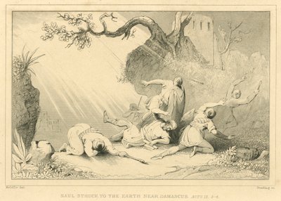 Saul frappé à terre près de Damas, Actes IX, 3-4 (gravure) - English School