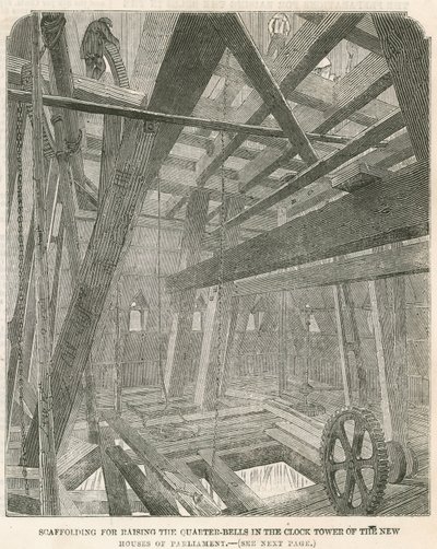 Échafaudage pour lever les quarts de cloche dans la tour de l