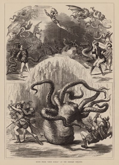 Scène du "Grim Goblin" au Théâtre Grec (gravure) - English School