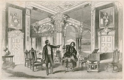 Scène du nouveau spectacle de Miss P Horton à la Gallery of Illustration, Regent Street, Londres - English School