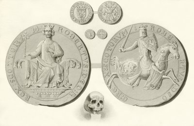 Sceau, pièces de monnaie et crâne du roi Robert Bruce - English School