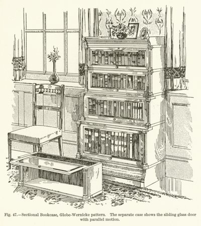 Bibliothèque sectionnelle, modèle Globe-Wernicke, le boîtier séparé montre la porte en verre coulissante avec mouvement parallèle - English School