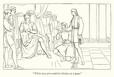 La Nuit des rois de Shakespeare; La légende présentant Viola à Orsino - English School