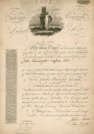 Part sociale de la Hope Insurance Company, Ludgate Hill, Londres - English School