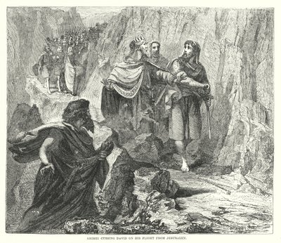 Shimei maudissant David lors de sa fuite de Jérusalem (gravure) - English School