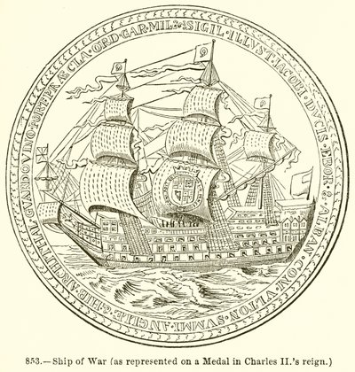 Navire de guerre (représenté sur une médaille du règne de Charles II) - English School