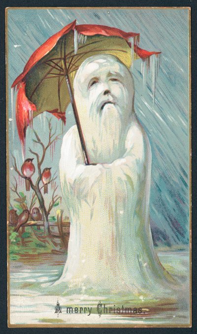 Bonhomme de neige grelottant sous un parapluie, carte de Noël - English School