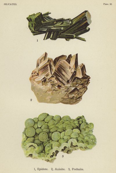 Silicates, épidote, axinite, préhnite (lithographie en couleur) - English School